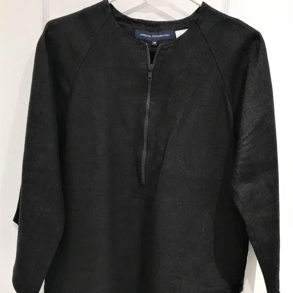 French Connection Women Black Zipper Neck 100% Linen Tunic Size M Made in UK - Picture 1 of 7